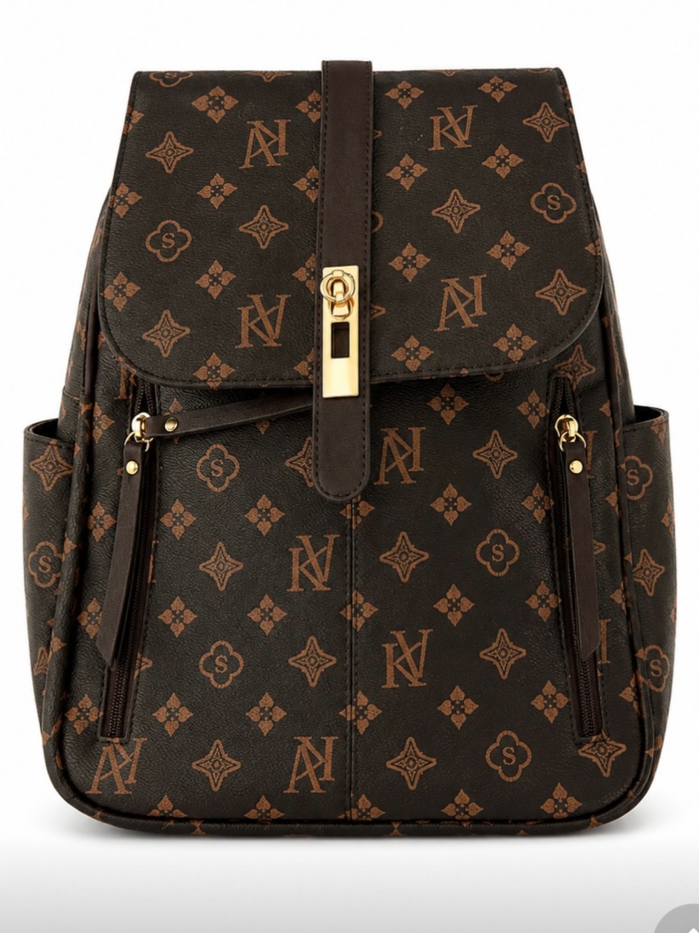 Designer-Style Brown Monogram Backpack with Gold Hardware - Picture 1 of 3